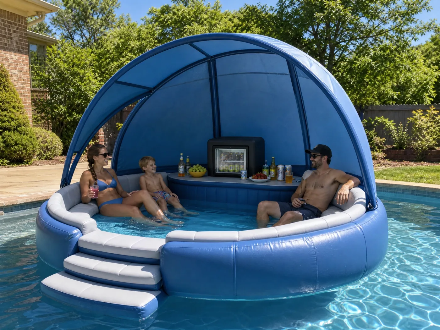 Inflatable pool bar island canopy and bar