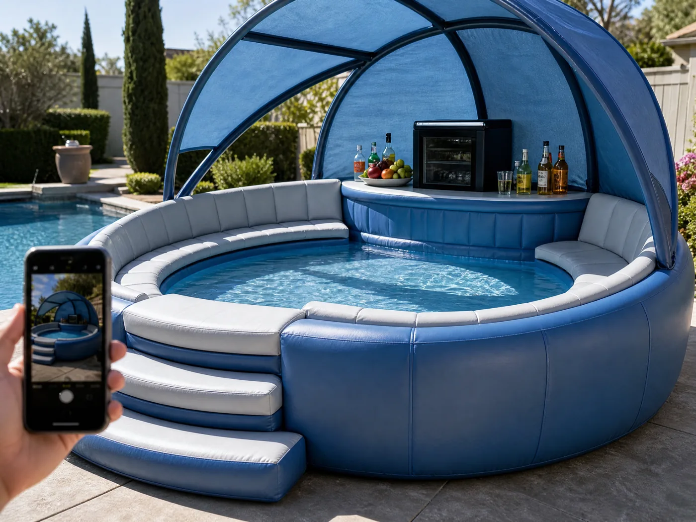 Inflatable pool bar island seating close-up